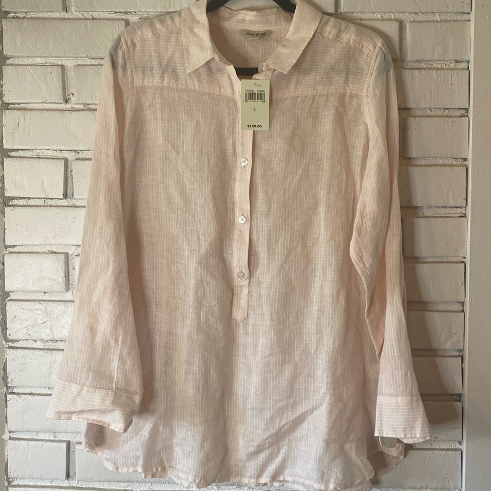 Lucky Brand linen blend light pink stripe top